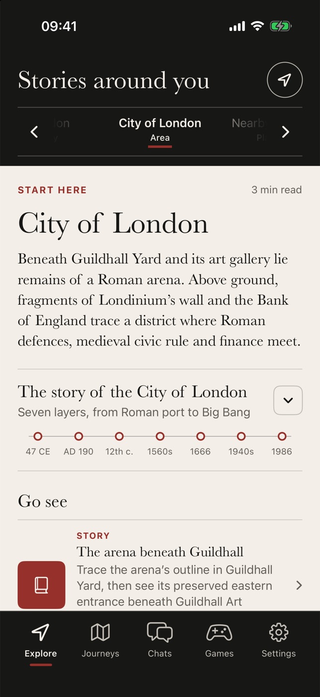 Re:Visit app showing the City of London area guide with a timeline from 47 CE to 1986