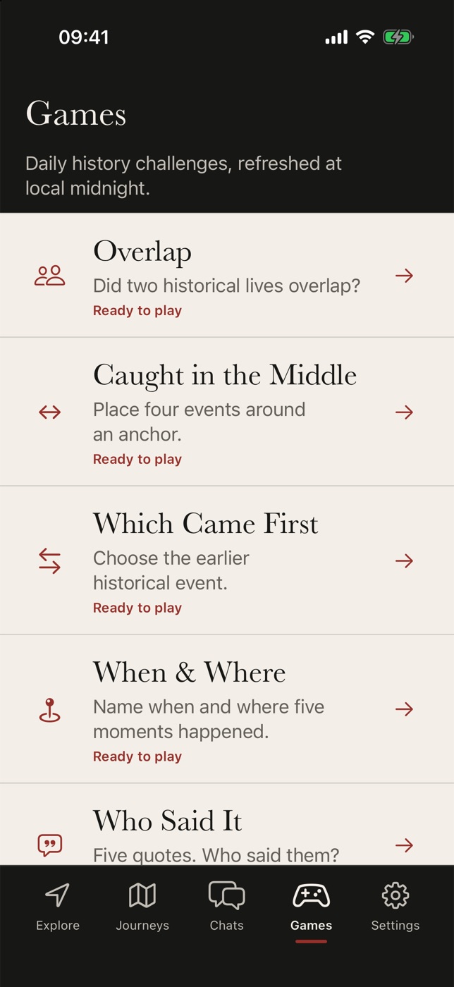 Re:Visit app showing its daily history games
