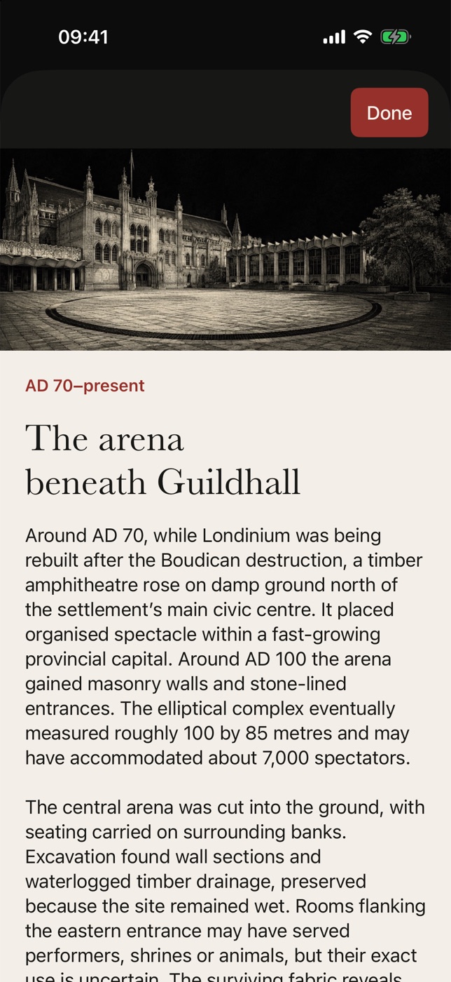 Re:Visit app showing the story of the Roman arena beneath Guildhall with artwork